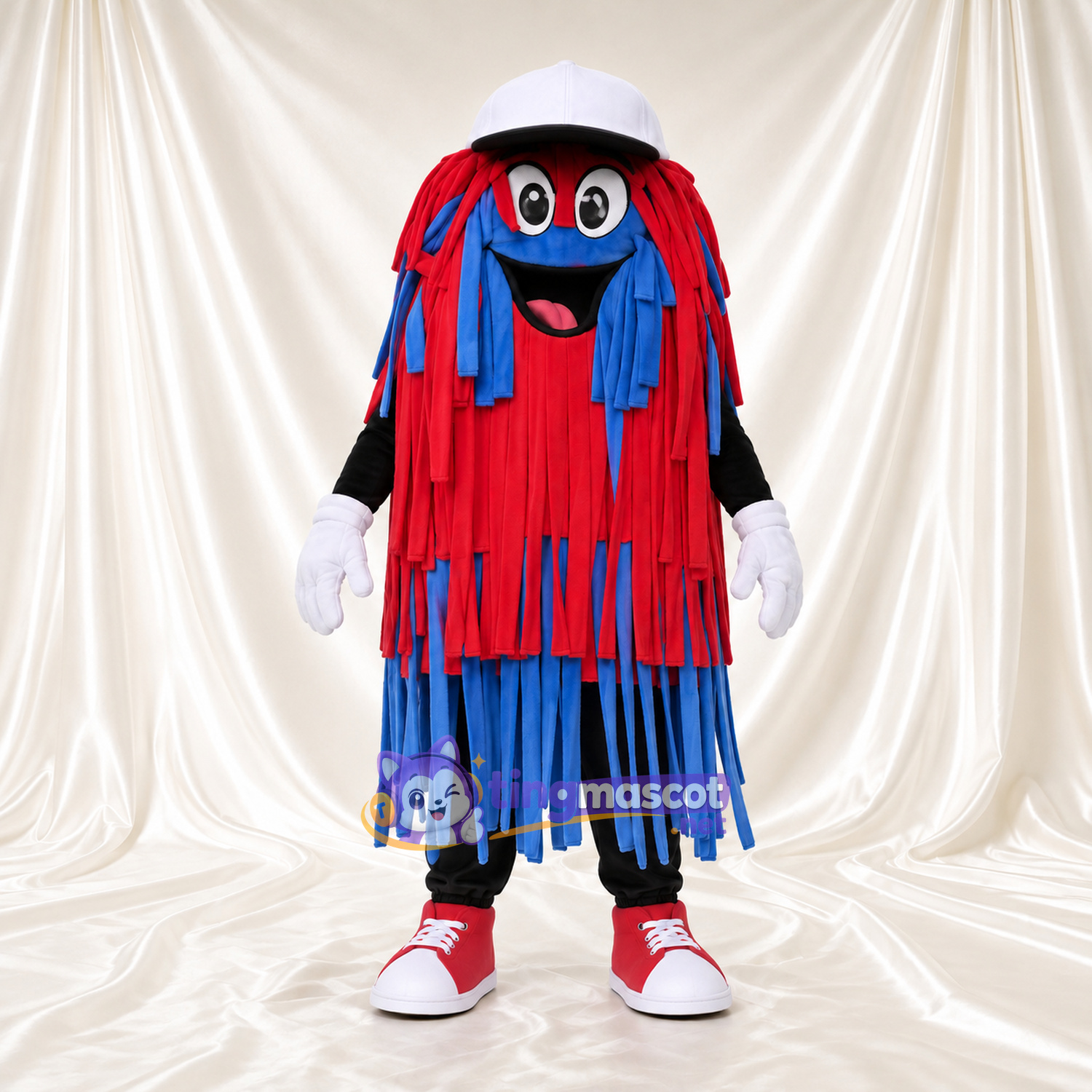 Maskottchenkostüm Autowaschbürste – rot / blau – Kappe (weiß); Sneaker (rot) Maskottchenkostüm Autowaschbürste – rot / blau – Kappe (weiß); Sneaker (rot)