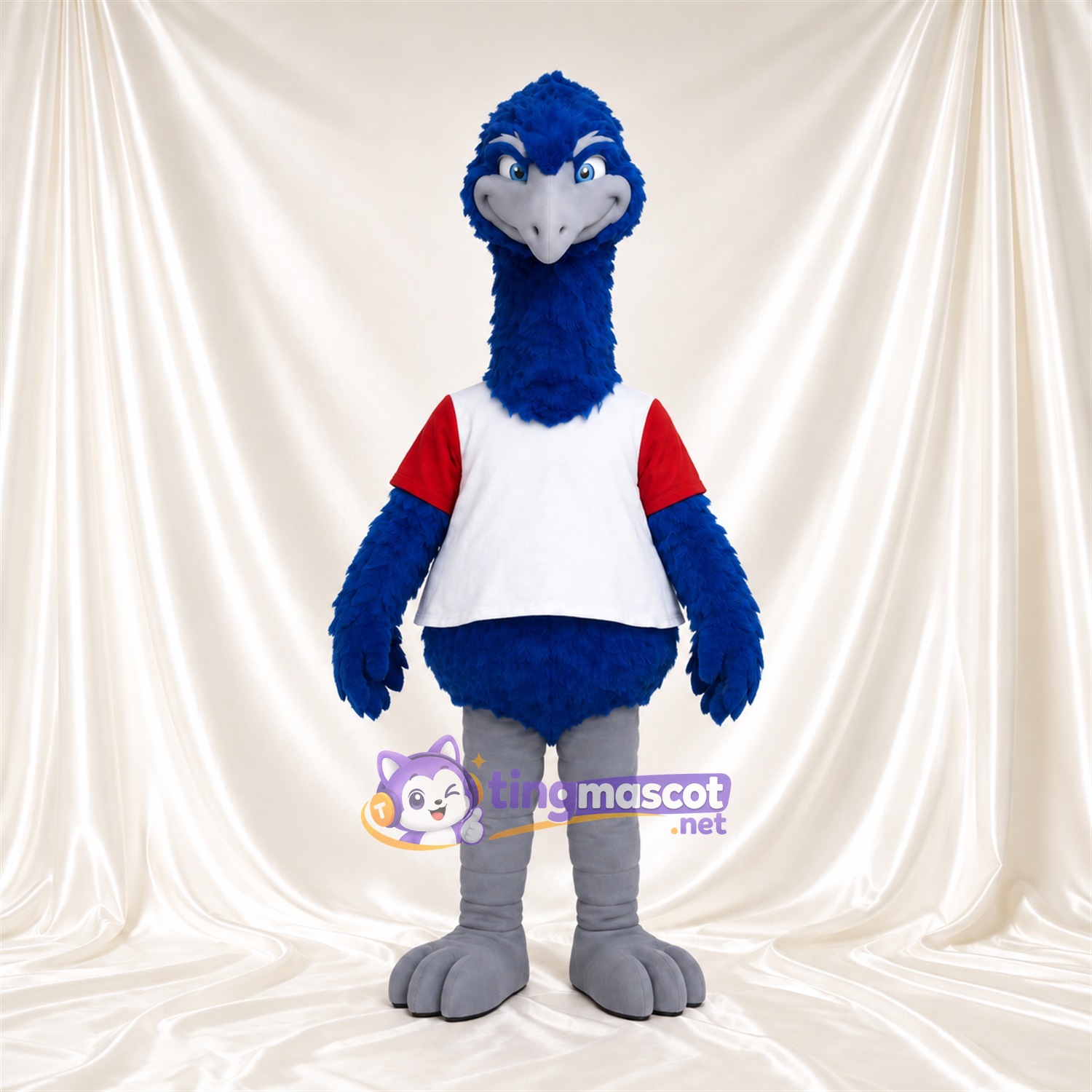 Costume de mascotte Autruche – bleu – Chemise (rouge, blanc); Pieds (gris) Costume de mascotte Autruche – bleu – Chemise (rouge, blanc); Pieds (gris)