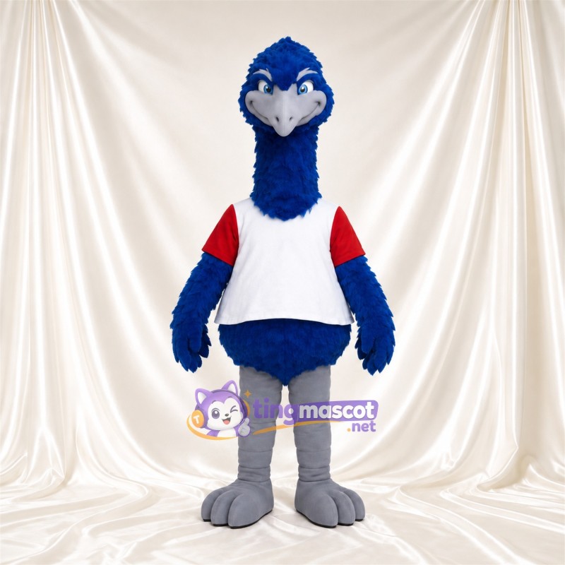 Costume de mascotte Autruche – bleu – Chemise (rouge, blanc); Pieds (gris) Costume de mascotte Autruche – bleu – Chemise (rouge, blanc); Pieds (gris)