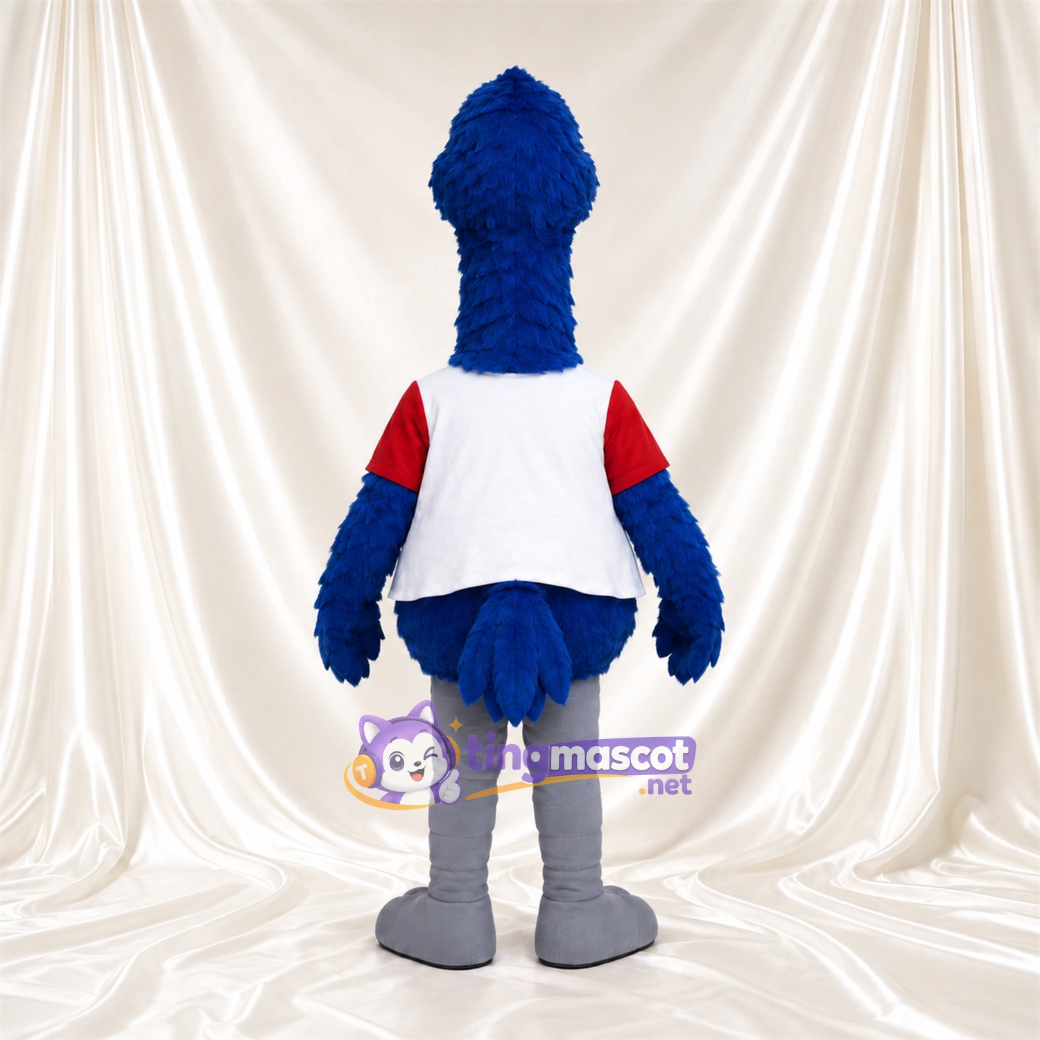 Costume de mascotte Autruche – bleu – Chemise (rouge, blanc); Pieds (gris) Costume de mascotte Autruche – bleu – Chemise (rouge, blanc); Pieds (gris)