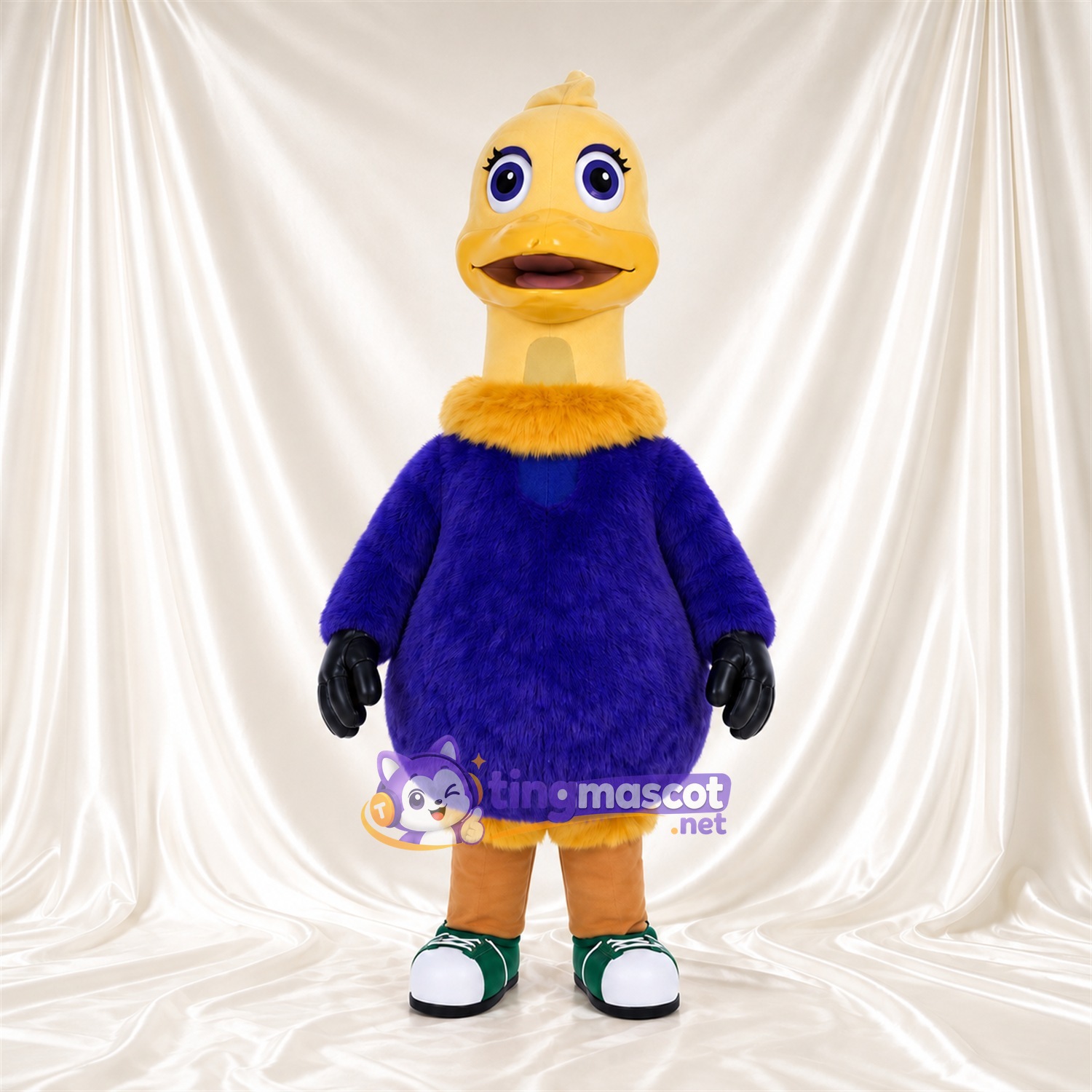 Costume de mascotte Autruche – jaune – Corps (violet); Baskets (vert) Costume de mascotte Autruche – jaune – Corps (violet); Baskets (vert)