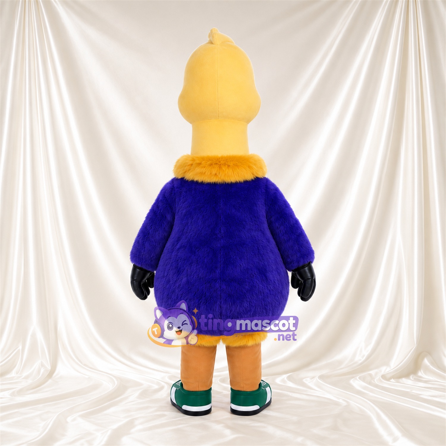 Costume de mascotte Autruche – jaune – Corps (violet); Baskets (vert) Costume de mascotte Autruche – jaune – Corps (violet); Baskets (vert)