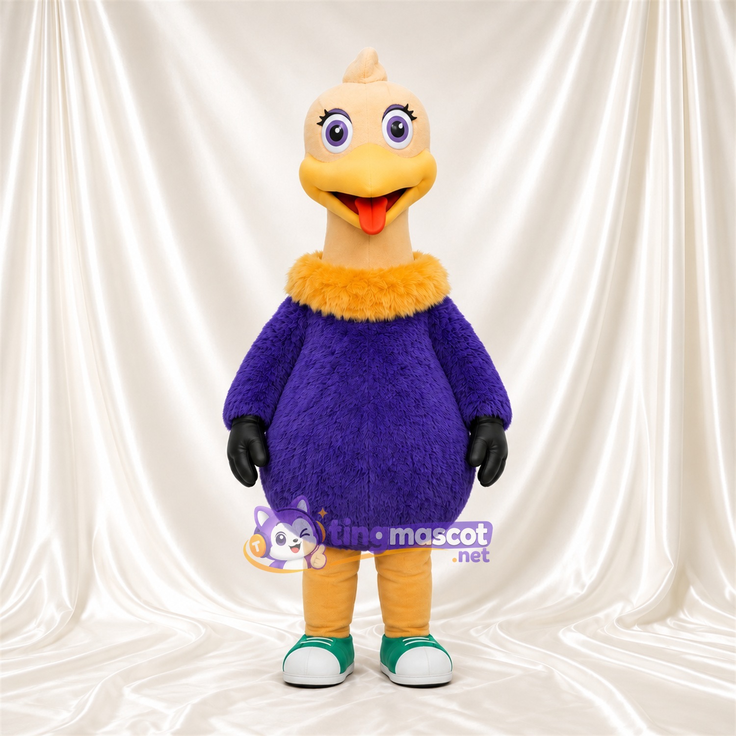 Costume de mascotte Autruche – jaune – Tunique (violet); Collerette (doré) Costume de mascotte Autruche – jaune – Tunique (violet); Collerette (doré)