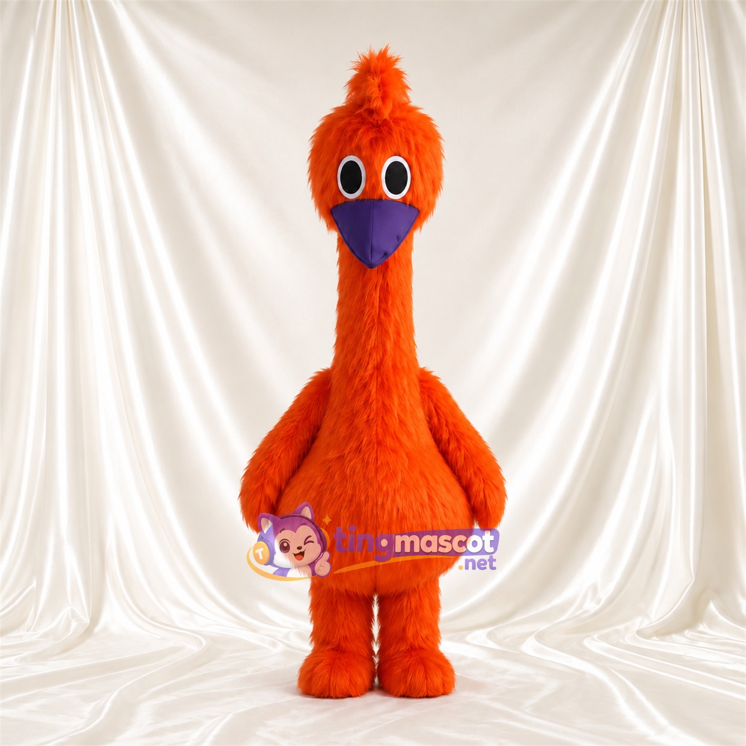 Maskottchenkostüm Strauß – orange – Schnabel (violett); Langer Hals Maskottchenkostüm Strauß – orange – Schnabel (violett); Langer Hals