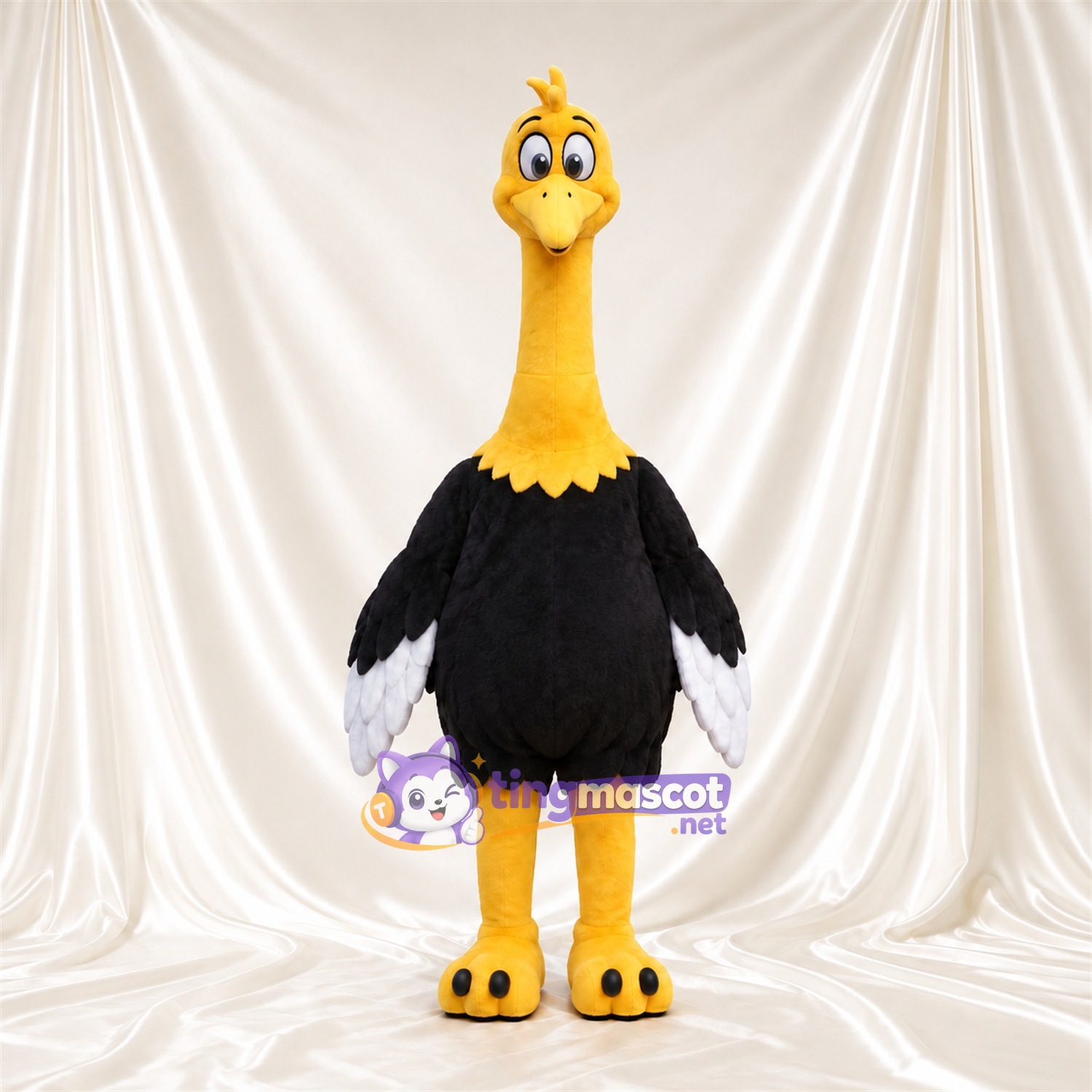 Costume de mascotte Autruche – jaune – Corps (noir); Bouts des ailes (blanc) Costume de mascotte Autruche – jaune – Corps (noir); Bouts des ailes (blanc)