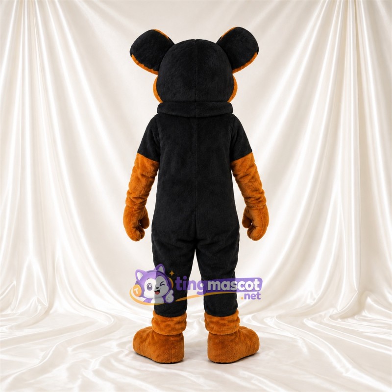 Black and Tan Mouse Mascot Costume - Large Round Ears and Black Outfit Black and Tan Mouse Mascot Costume - Large Round Ears and Black Outfit