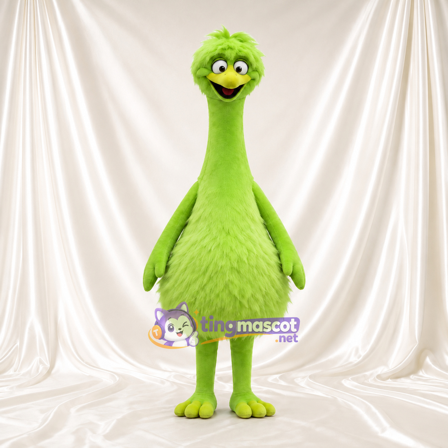Costume de mascotte Autruche – vert citron / vert – Long cou; Corps (hirsute, rond) Costume de mascotte Autruche – vert citron / vert – Long cou; Corps (hirsute, rond)