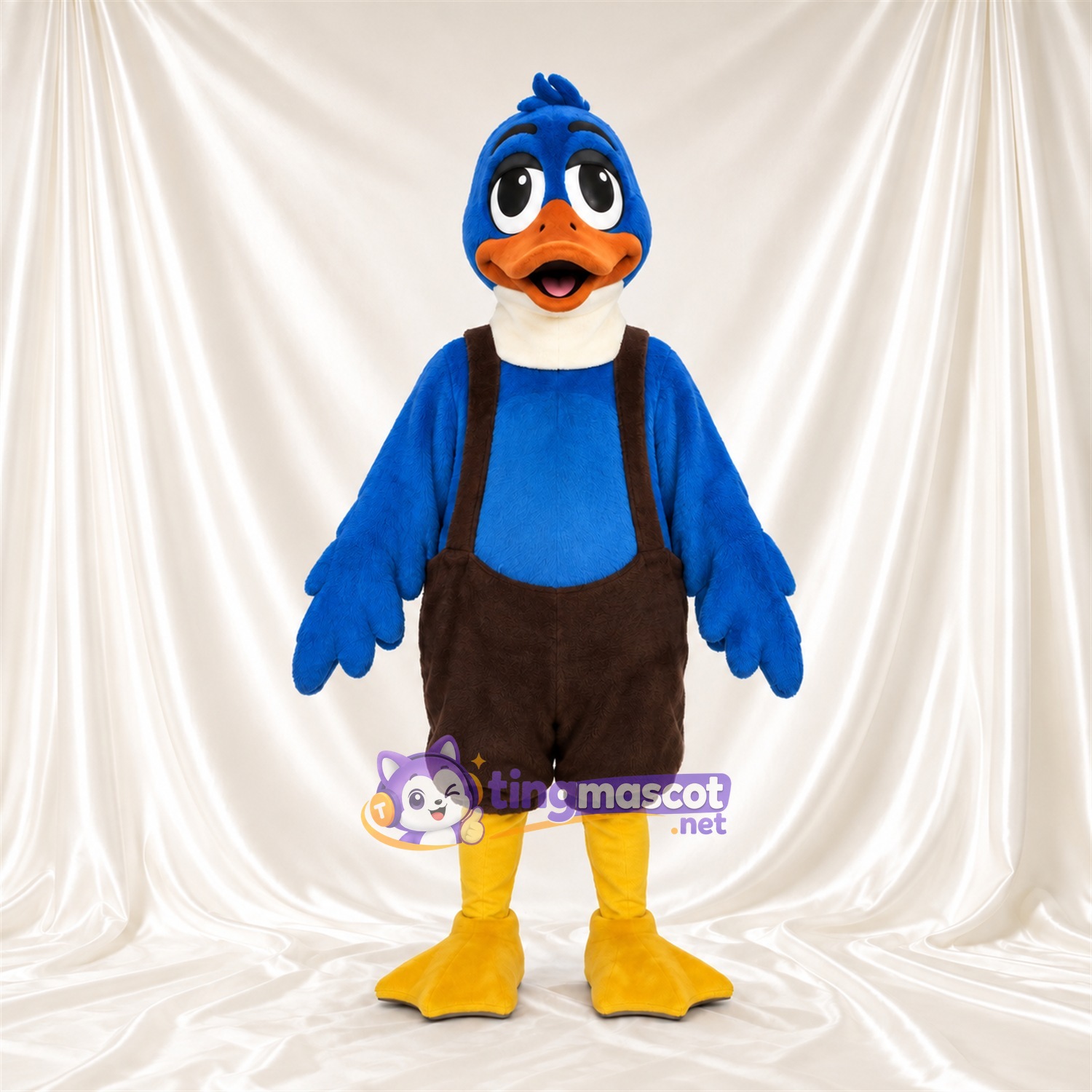 Blue Duck Mascot Costume - Brown Suspender Shorts and Yellow Legs Blue Duck Mascot Costume - Brown Suspender Shorts and Yellow Legs