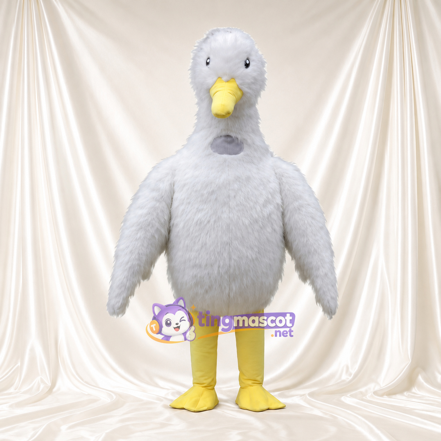 Costume de mascotte Canard – gris – Bec (jaune); Jambes (jaune) Costume de mascotte Canard – gris – Bec (jaune); Jambes (jaune)