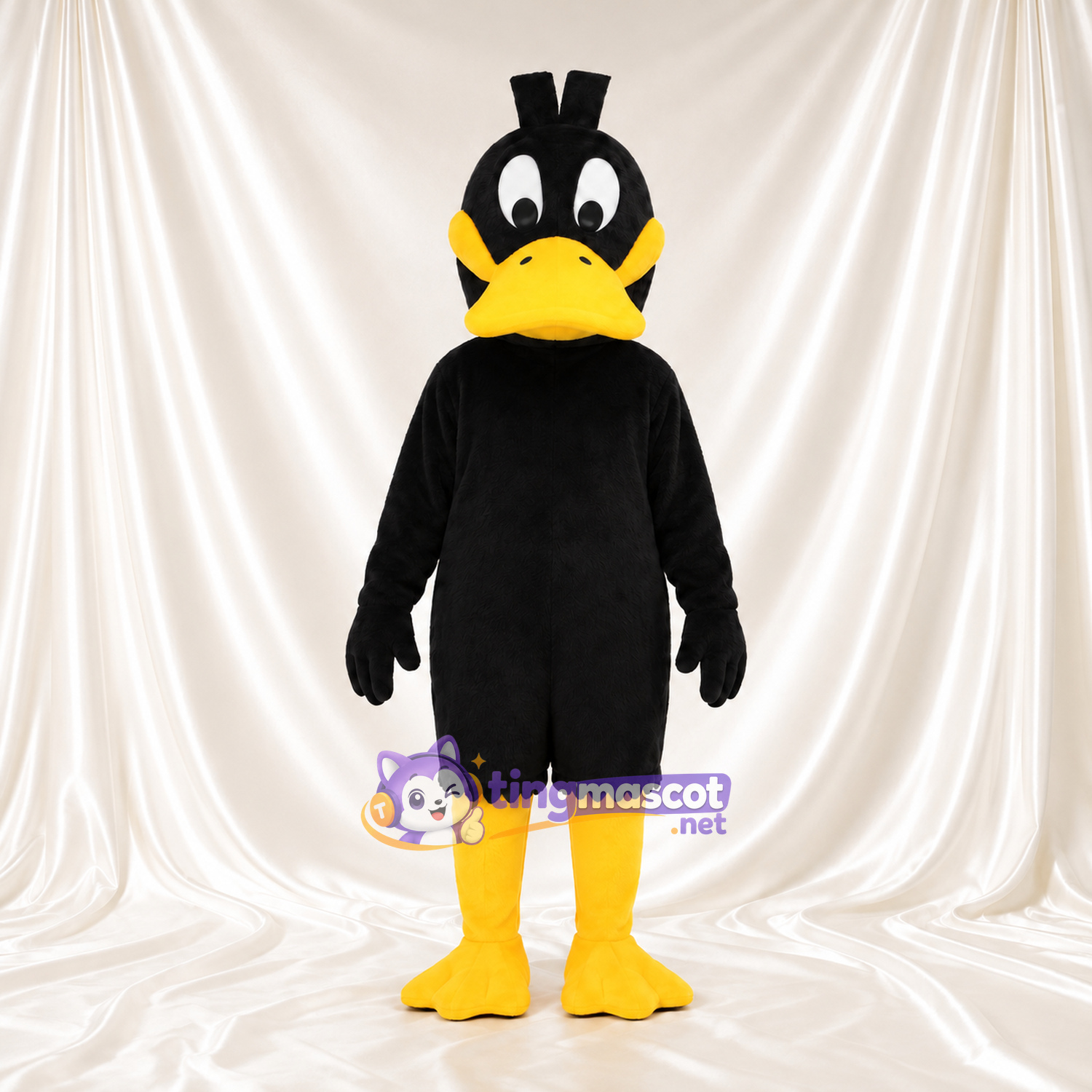Black Duck Mascot Costume - Tall Crest and Flat Yellow Bill Black Duck Mascot Costume - Tall Crest and Flat Yellow Bill