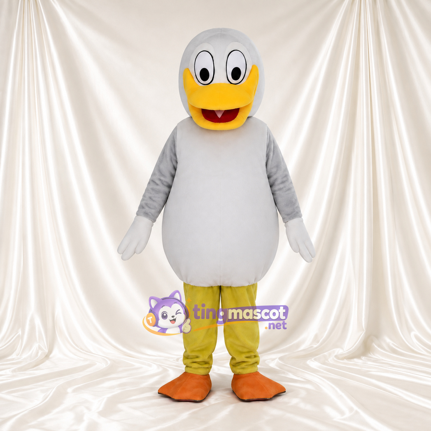 Costume de mascotte Canard – gris – Ventre (blanc); Pantalon (jaune) Costume de mascotte Canard – gris – Ventre (blanc); Pantalon (jaune)
