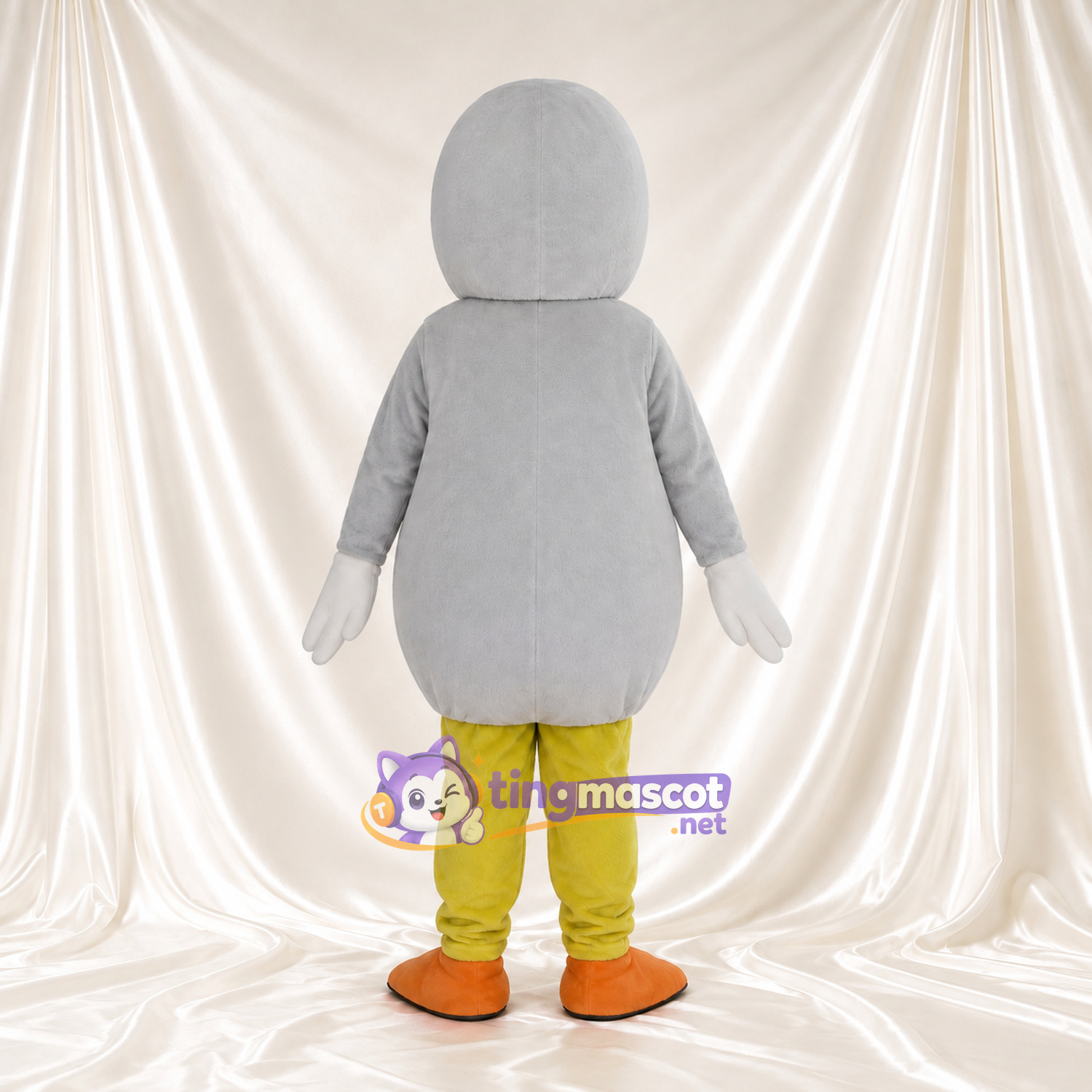 Costume de mascotte Canard – gris – Ventre (blanc); Pantalon (jaune) Costume de mascotte Canard – gris – Ventre (blanc); Pantalon (jaune)