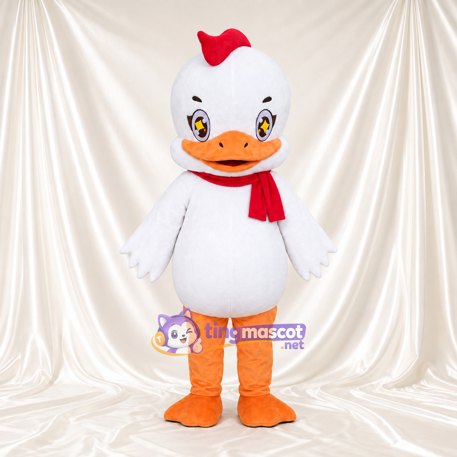 Costume de mascotte Caneton – blanc – Nœud dans les cheveux (rouge); Écharpe (rouge) Costume de mascotte Caneton – blanc – Nœud dans les cheveux (rouge); Écharpe (rouge)