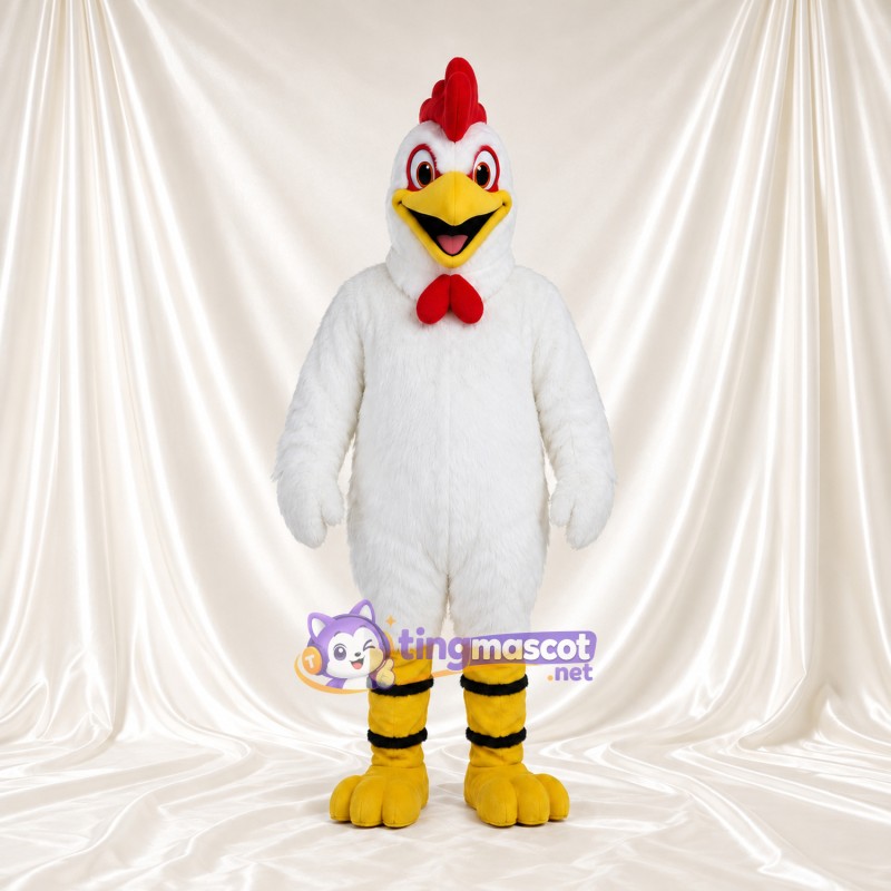 Costume de mascotte Coq – blanc – Crête (rouge); Jambes (rayé, jaune) Costume de mascotte Coq – blanc – Crête (rouge); Jambes (rayé, jaune)