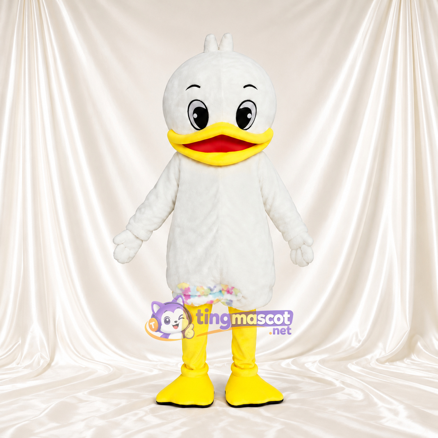 Costume de mascotte Caneton – blanc – Jambes (fleuri, jaune) Costume de mascotte Caneton – blanc – Jambes (fleuri, jaune)
