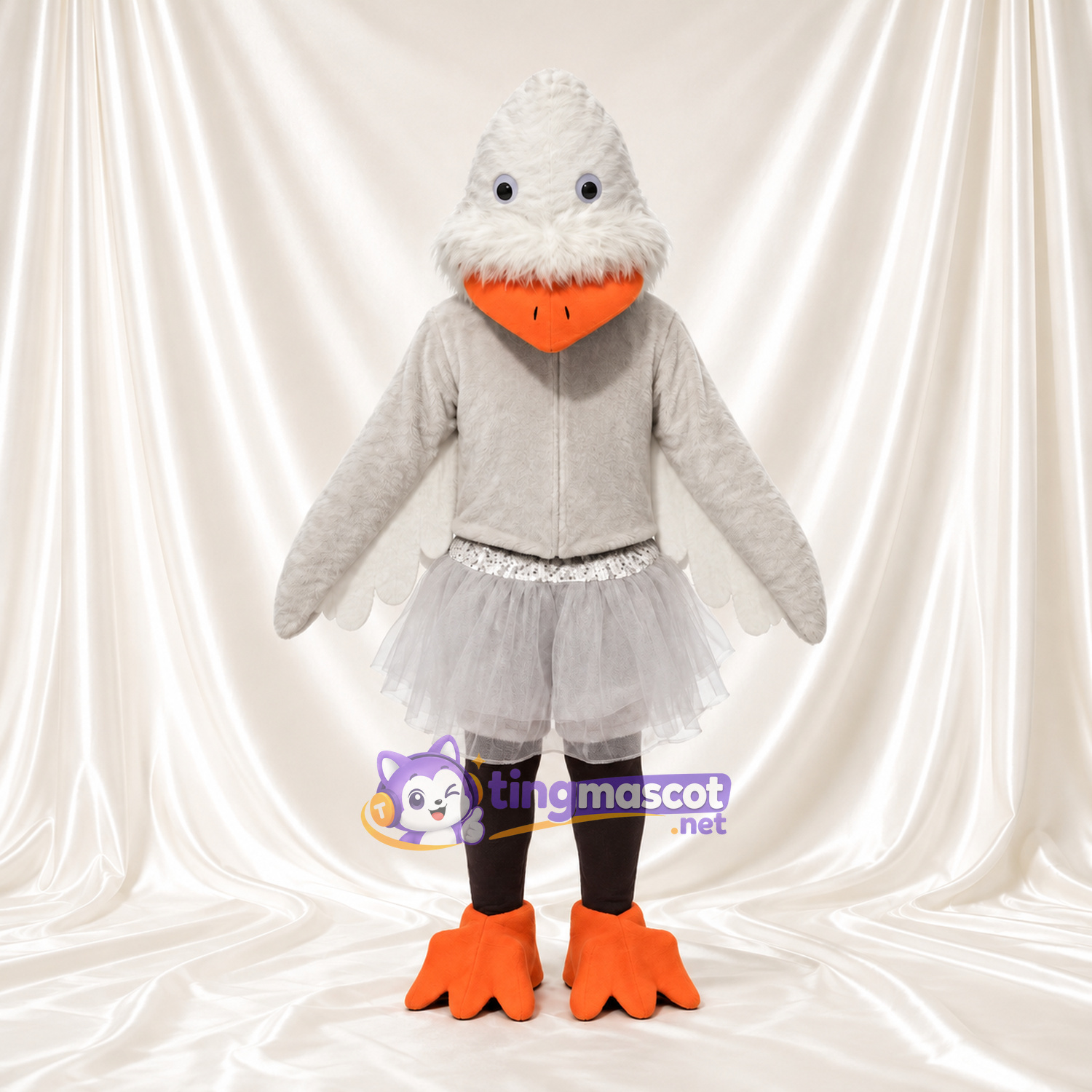 Costume de mascotte Canard – gris – Tutu (blanc); Jambes (noir) Costume de mascotte Canard – gris – Tutu (blanc); Jambes (noir)