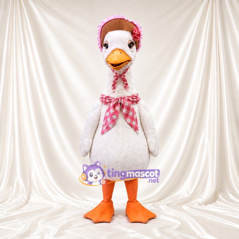 Costume de mascotte Oie – blanc – Bonnet (fleuri); Nœud (à carreaux) Costume de mascotte Oie – blanc – Bonnet (fleuri); Nœud (à carreaux)