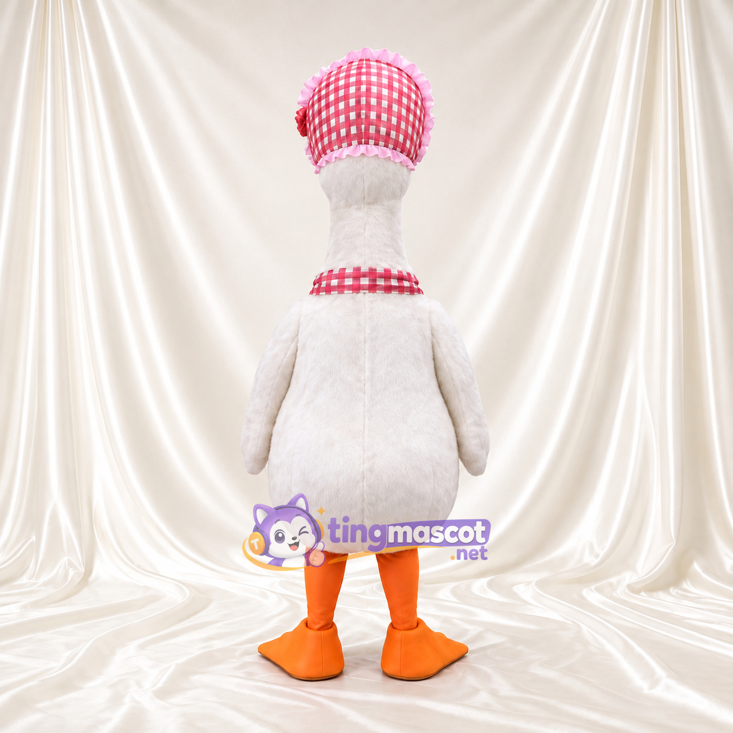 Costume de mascotte Oie – blanc – Bonnet (fleuri); Nœud (à carreaux) Costume de mascotte Oie – blanc – Bonnet (fleuri); Nœud (à carreaux)