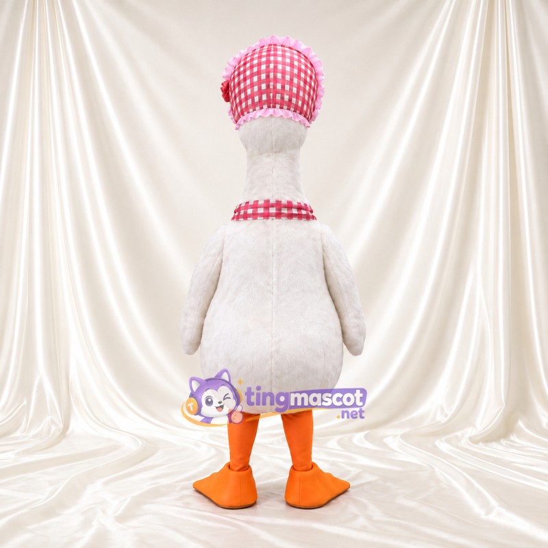 Costume de mascotte Oie – blanc – Bonnet (fleuri); Nœud (à carreaux) Costume de mascotte Oie – blanc – Bonnet (fleuri); Nœud (à carreaux)