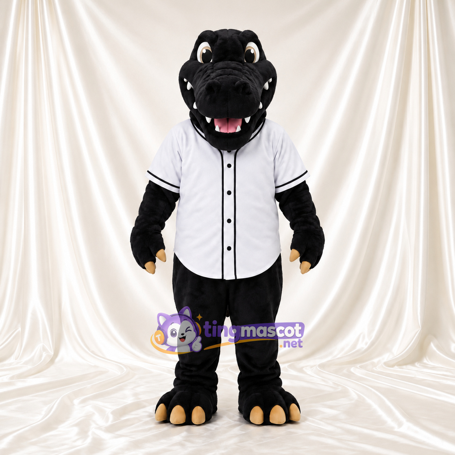 Black Dinosaur Mascot Costume - White Baseball Shirt and Beige Claws Black Dinosaur Mascot Costume - White Baseball Shirt and Beige Claws