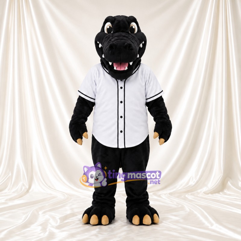 Black Dinosaur Mascot Costume - White Baseball Shirt and Beige Claws Black Dinosaur Mascot Costume - White Baseball Shirt and Beige Claws