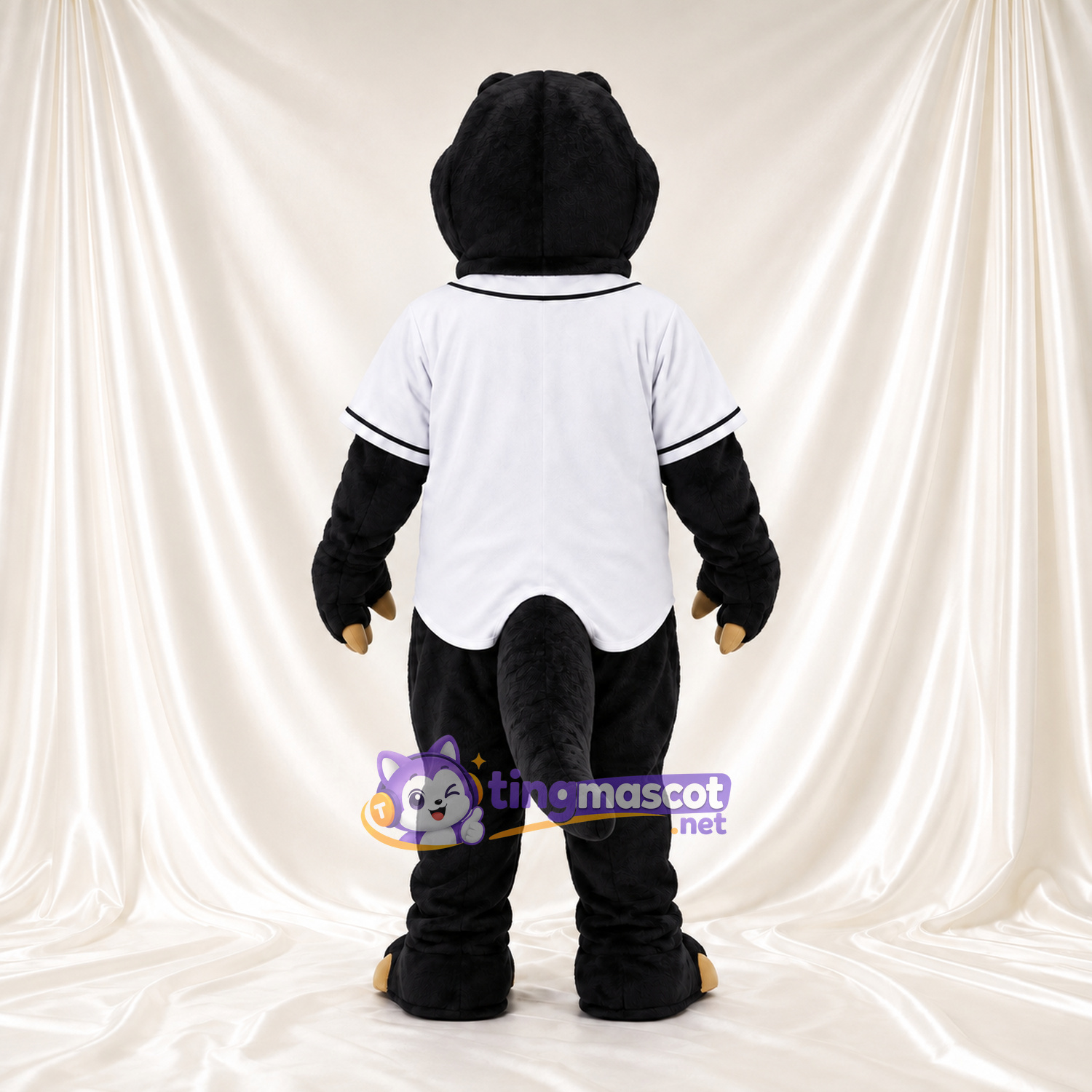 Black Dinosaur Mascot Costume - White Baseball Shirt and Beige Claws Black Dinosaur Mascot Costume - White Baseball Shirt and Beige Claws