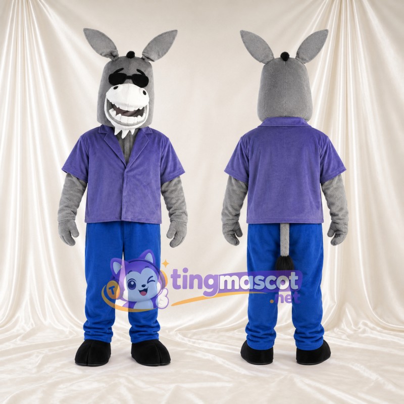 Costume de mascotte Âne – gris – Chemise à col (violet); Pantalon (bleu)