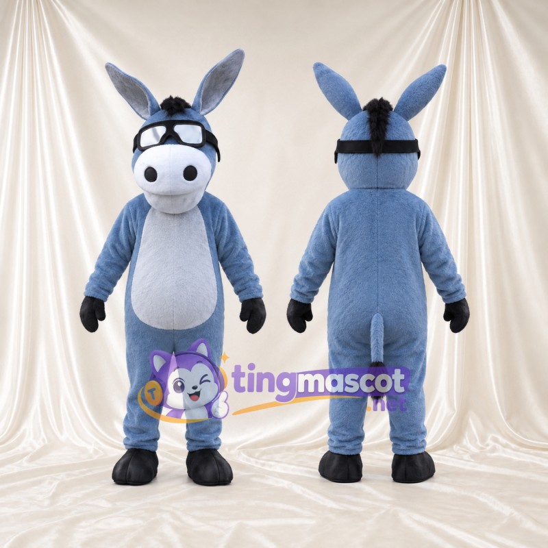 Maskottchenkostüm Esel – blau / grau – Schutzbrille (schwarz); Bauch (weiß)