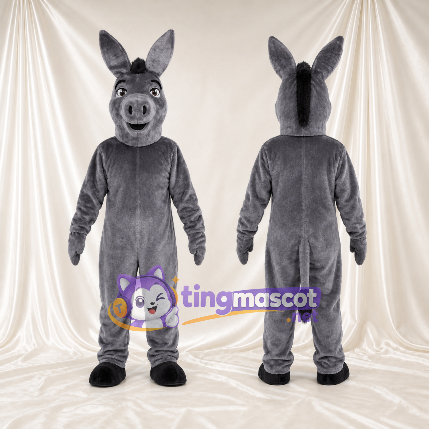 Maskottchenkostüm Esel – dunkelgrau – Schnauze (lächelnd); Hufe (schwarz) Maskottchenkostüm Esel – dunkelgrau – Schnauze (lächelnd); Hufe (schwarz)