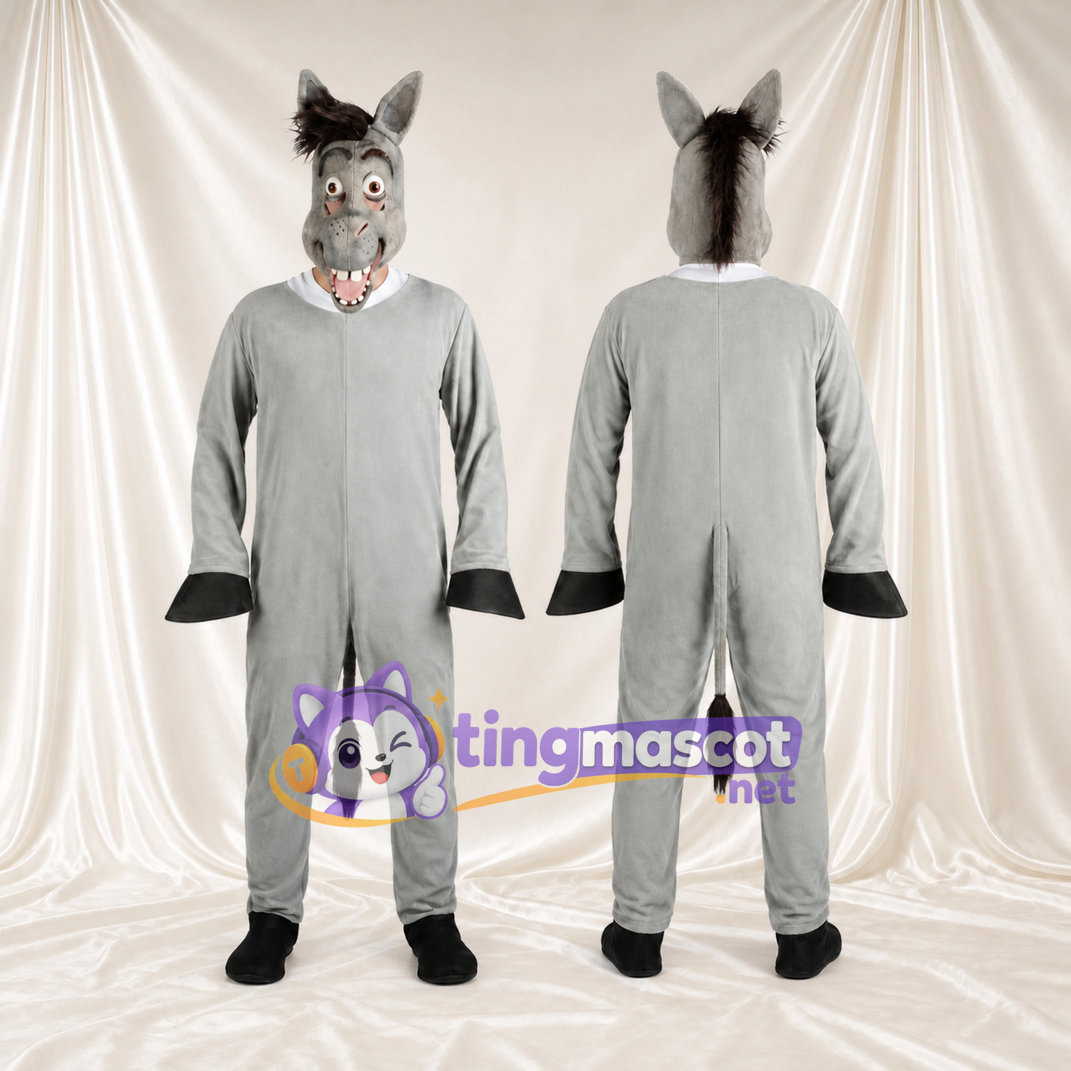 Costume de mascotte Âne – gris – Crinière (hirsute); Museau allongé Costume de mascotte Âne – gris – Crinière (hirsute); Museau allongé