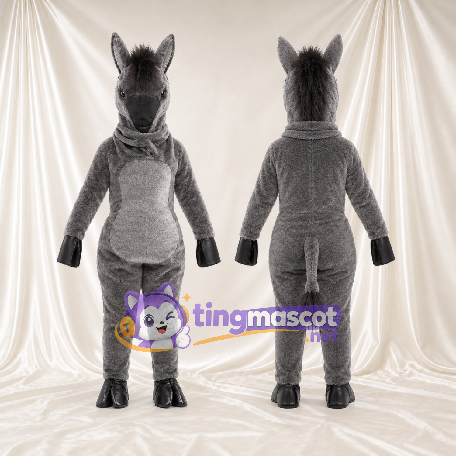 Maskottchenkostüm Esel – dunkelgrau – Schnauze (schmal); Hufe (schwarz) Maskottchenkostüm Esel – dunkelgrau – Schnauze (schmal); Hufe (schwarz)