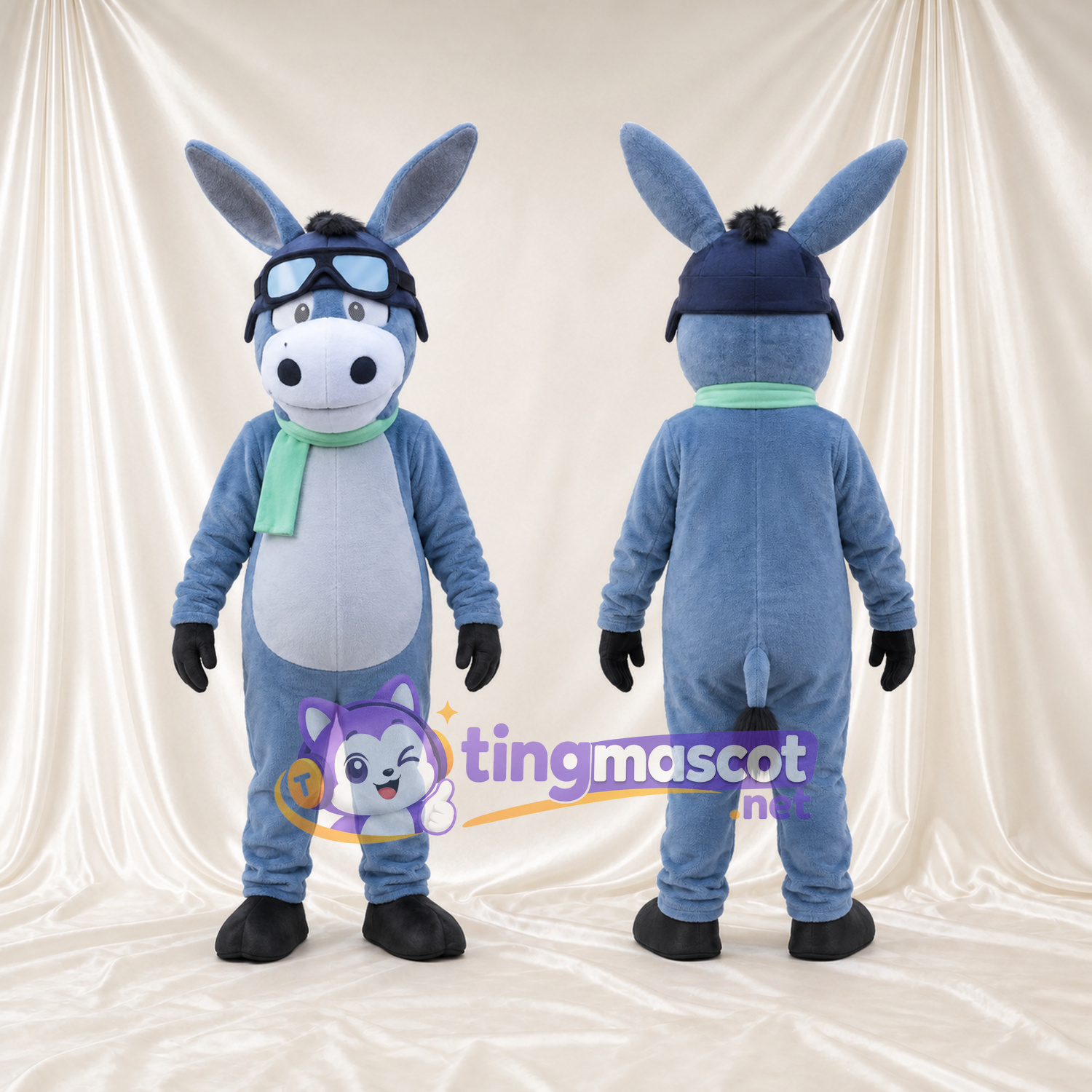Costume de mascotte Âne – bleu / gris – Lunettes de protection; Écharpe (vert) Costume de mascotte Âne – bleu / gris – Lunettes de protection; Écharpe (vert)