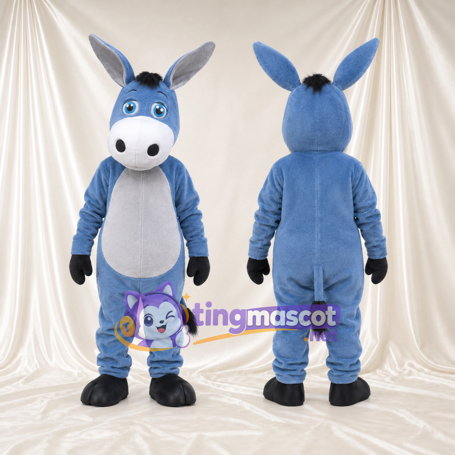 Blue Donkey Mascot Costume - White Belly and Black Hooves Blue Donkey Mascot Costume - White Belly and Black Hooves