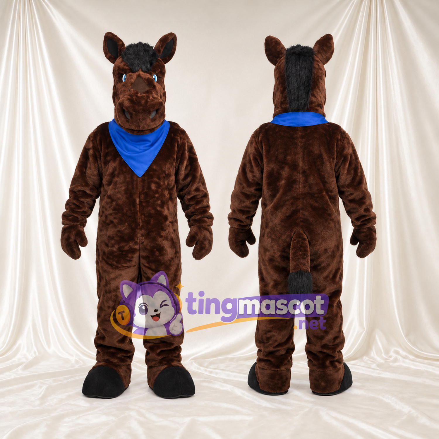 Costume de mascotte Cheval – marron foncé – Bandana (bleu) Costume de mascotte Cheval – marron foncé – Bandana (bleu)