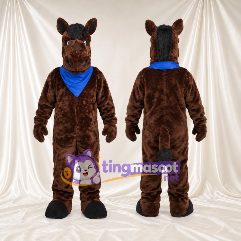 Costume de mascotte Cheval – marron foncé – Bandana (bleu)