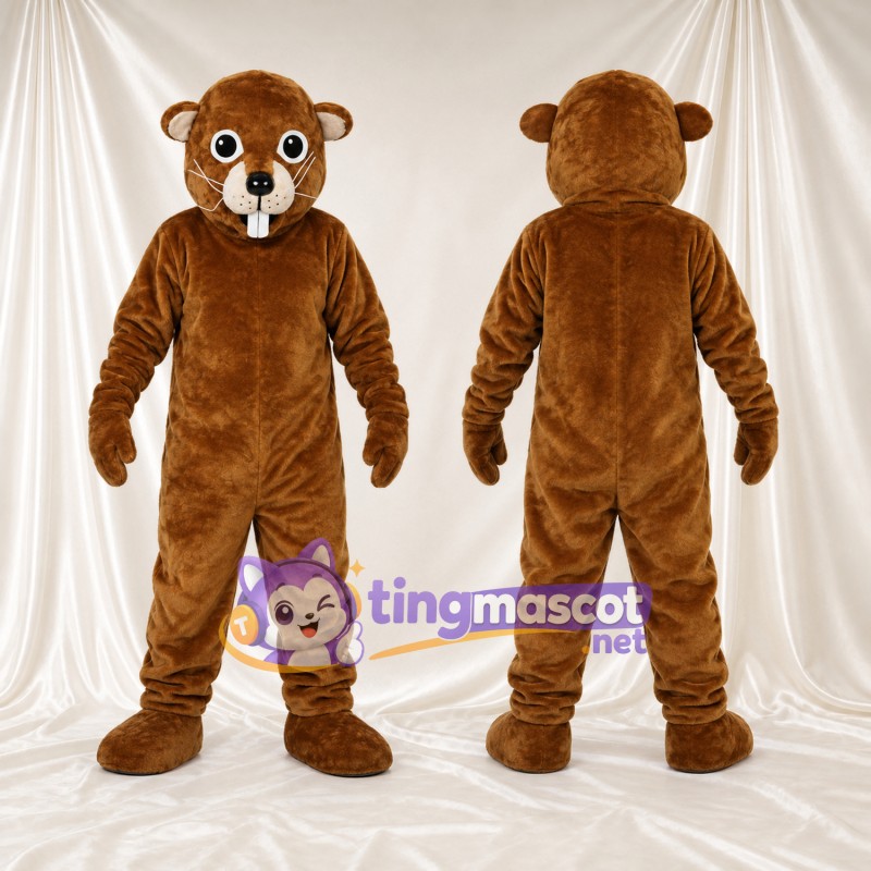 Costume de mascotte Castor – marron – Grandes incisives (blanc); Yeux (rond)