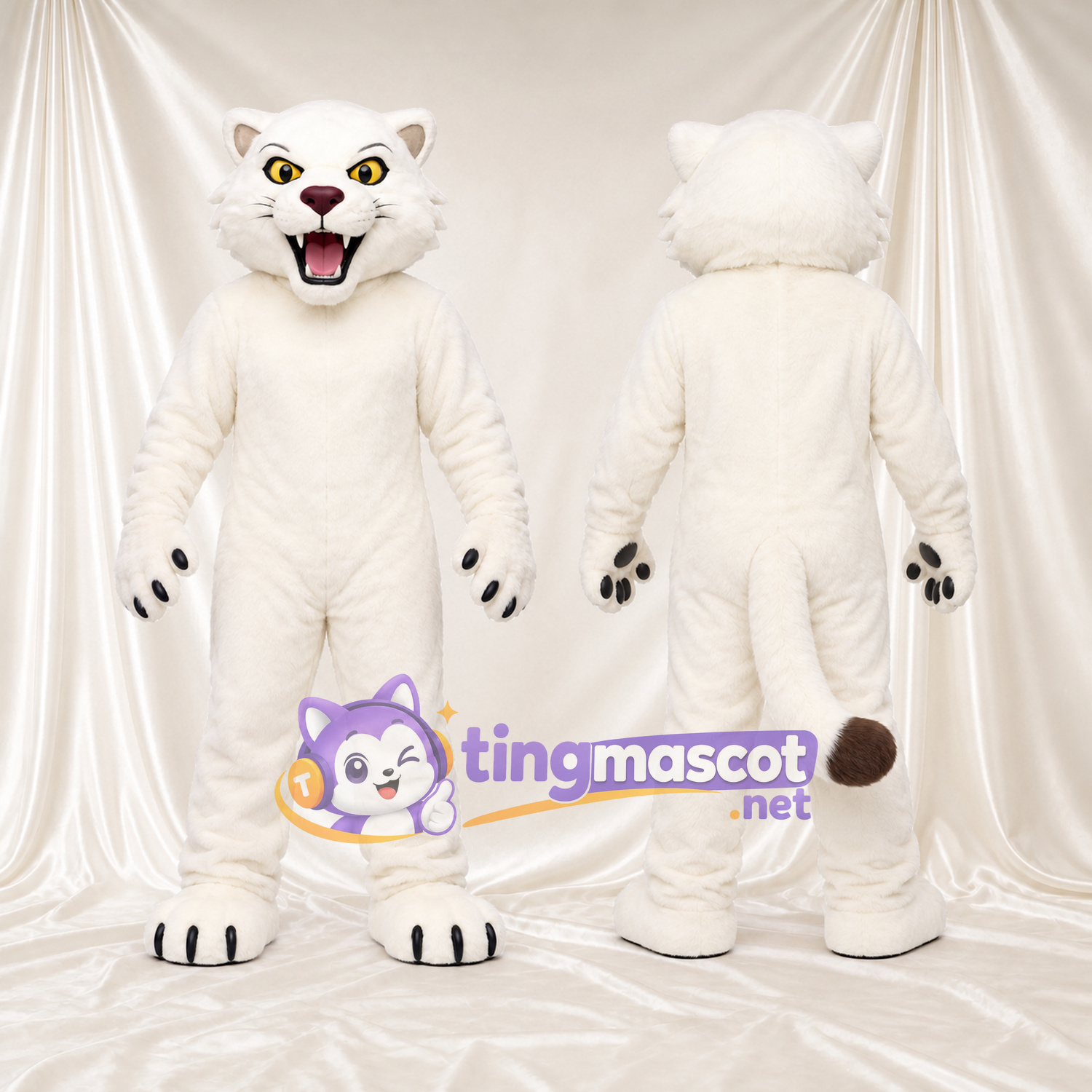 Costume de mascotte Chat sauvage – blanc – Yeux (jaune); Bouche à crocs (ouvert) Costume de mascotte Chat sauvage – blanc – Yeux (jaune); Bouche à crocs (ouvert)