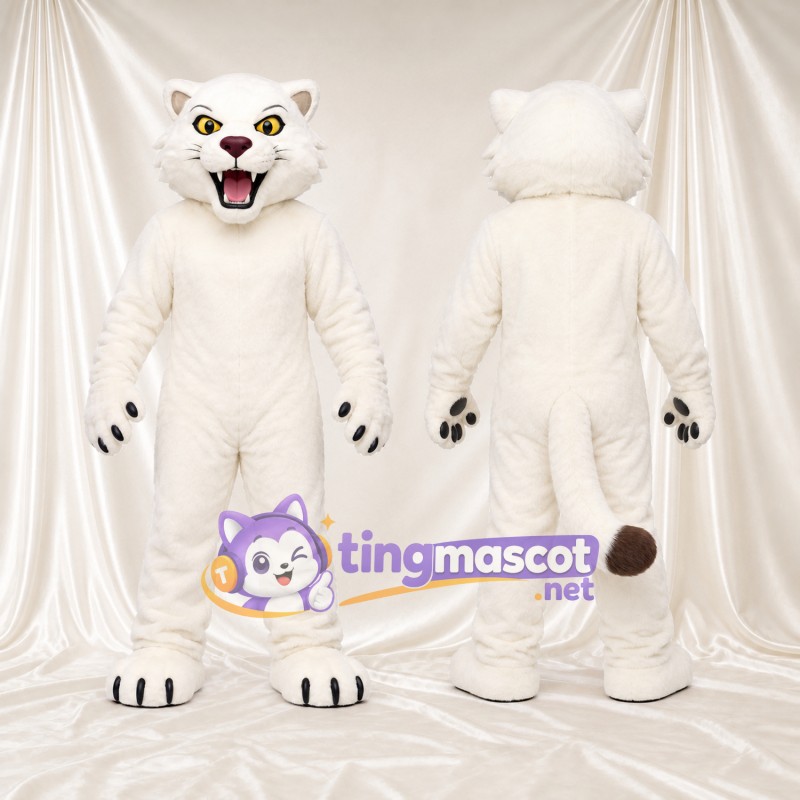 Costume de mascotte Chat sauvage – blanc – Yeux (jaune); Bouche à crocs (ouvert)