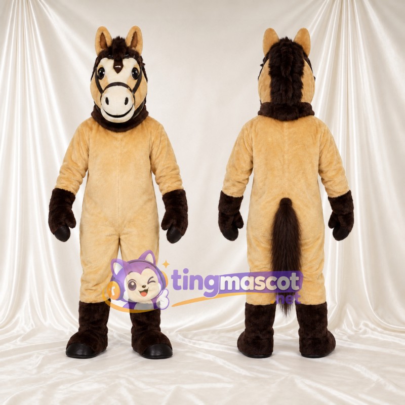 Costume de mascotte Cheval – brun clair – Bride; Sabots (marron)