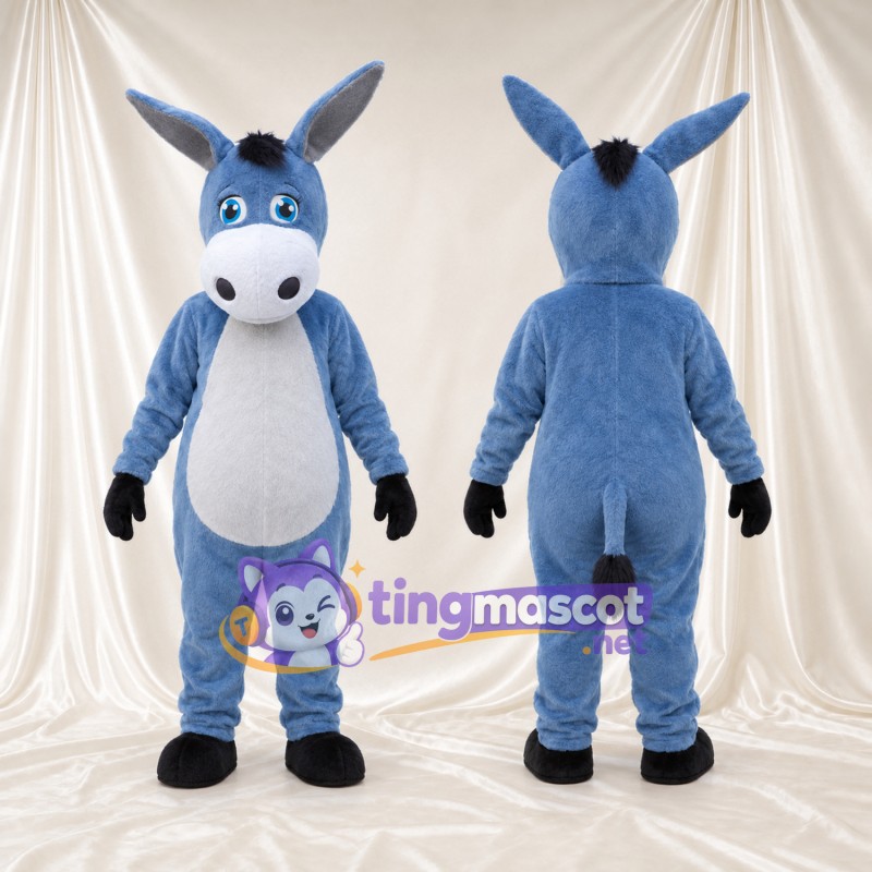 Blue Donkey Mascot Costume - Long Upright Ears and White Belly