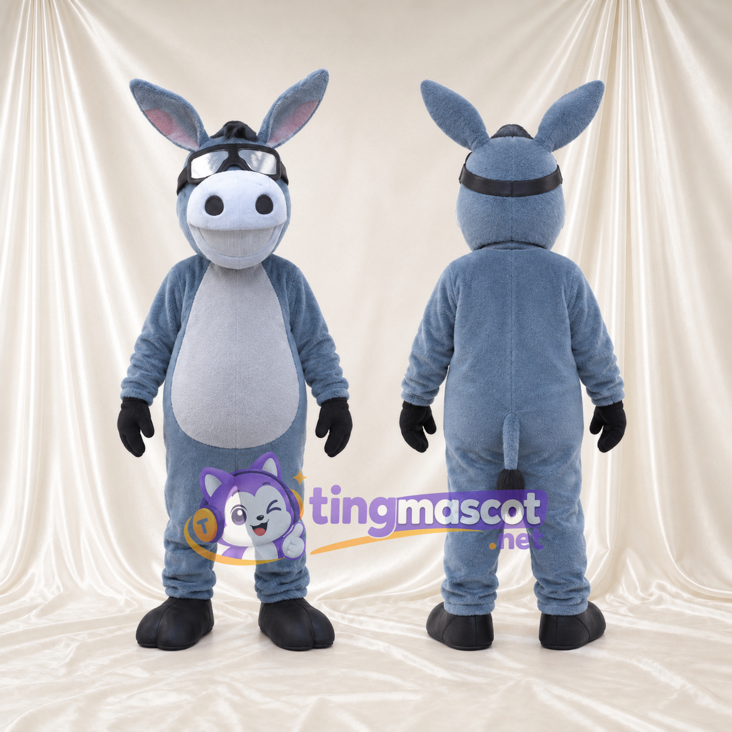 Blue-Gray Donkey Mascot Costume - Black Goggles and Rounded White Muzzle Blue-Gray Donkey Mascot Costume - Black Goggles and Rounded White Muzzle