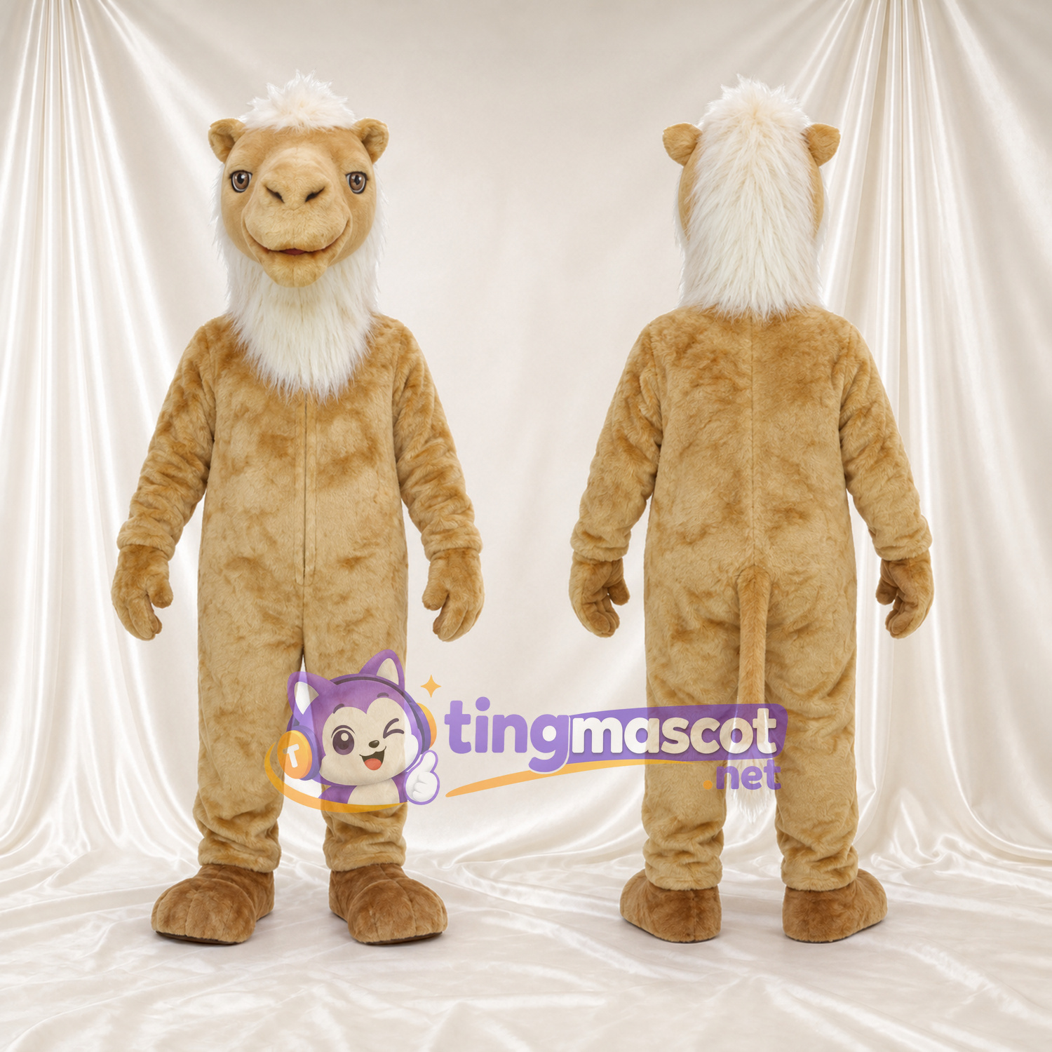 Costume de mascotte Chameau – brun clair – Barbe (blanc); Touffe de cheveux (blanc) Costume de mascotte Chameau – brun clair – Barbe (blanc); Touffe de cheveux (blanc)