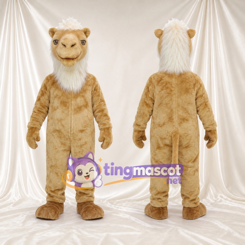 Costume de mascotte Chameau – brun clair – Barbe (blanc); Touffe de cheveux (blanc)