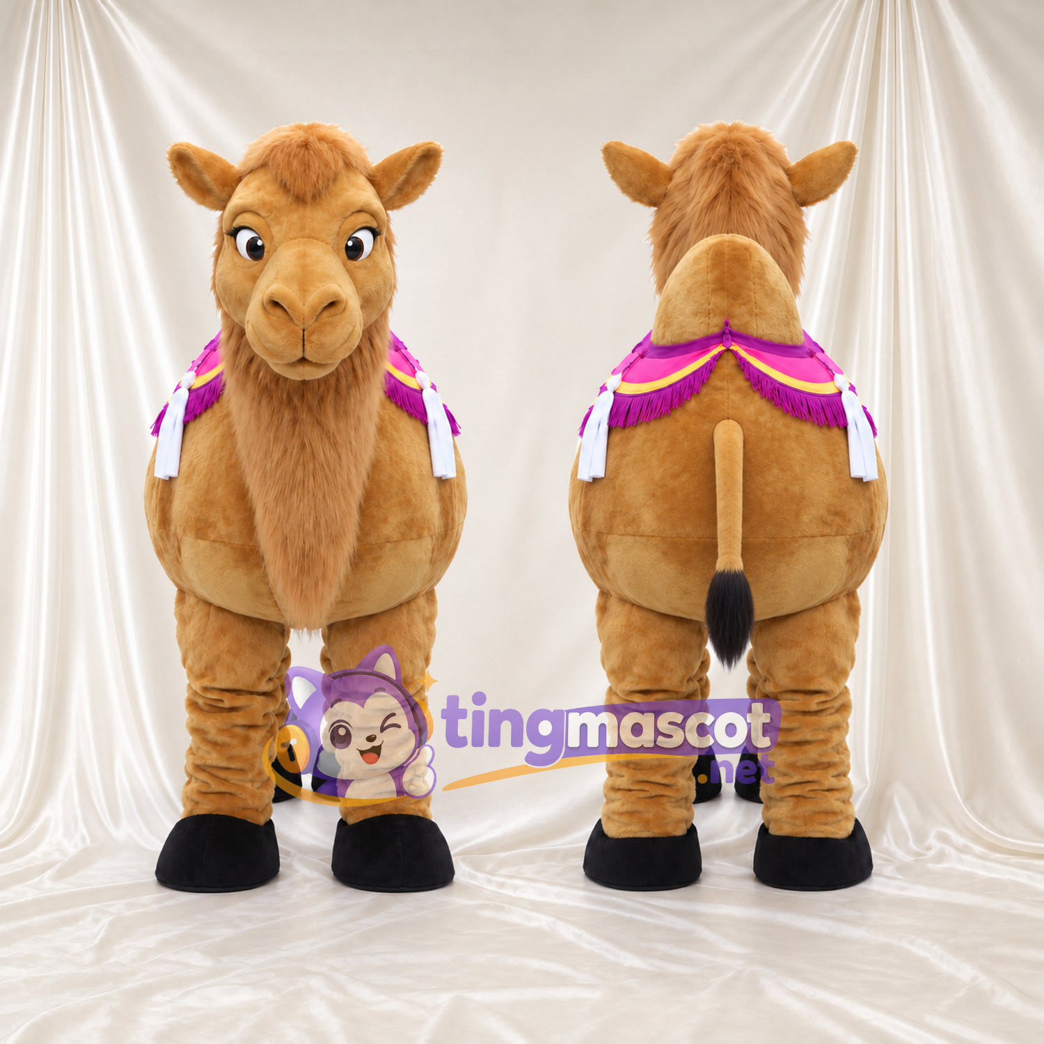 Brown Camel Mascot Costume - Purple Saddle Blanket and White Tassels Brown Camel Mascot Costume - Purple Saddle Blanket and White Tassels