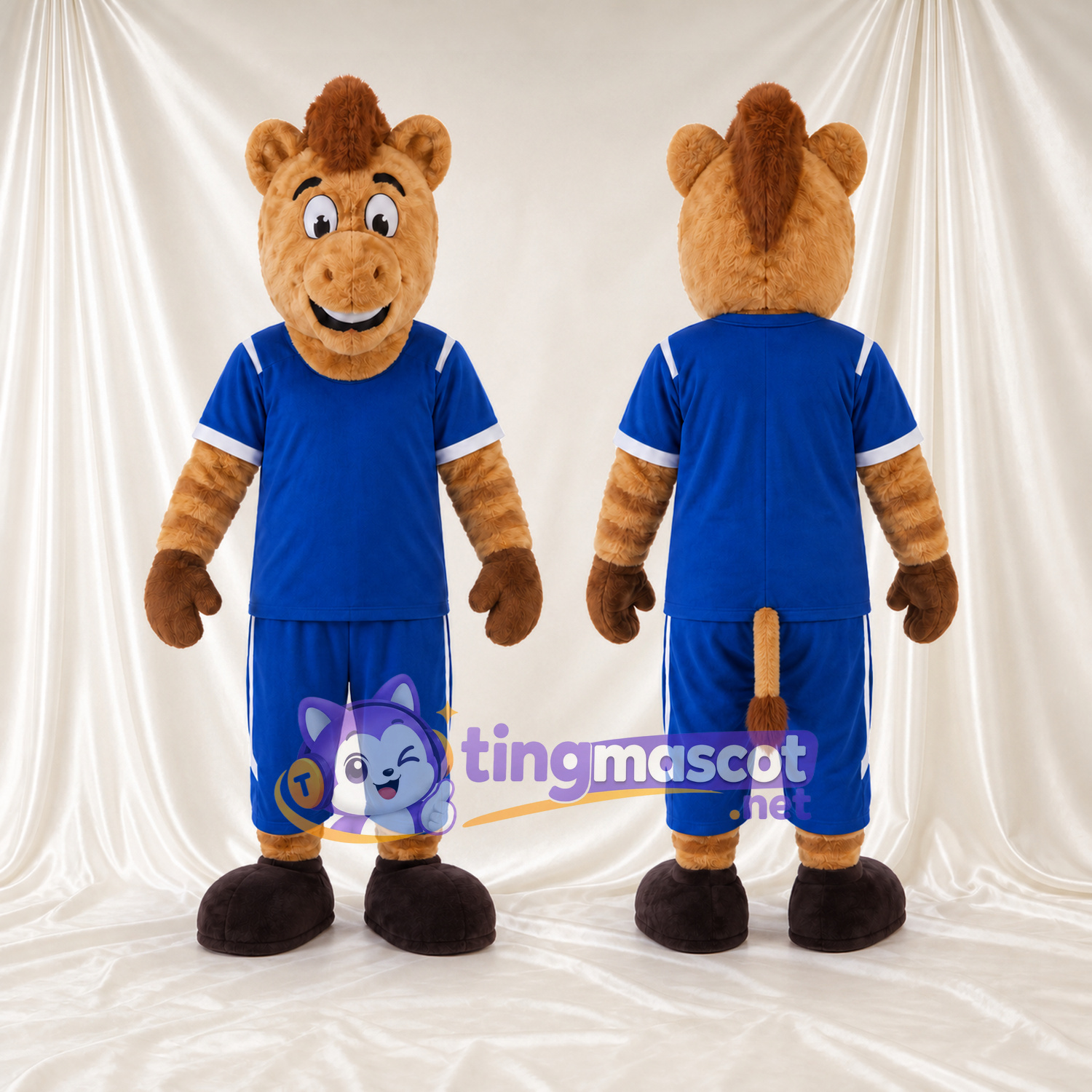 Brown Camel Mascot Costume - Blue Sports Shirt and Cropped Pants Brown Camel Mascot Costume - Blue Sports Shirt and Cropped Pants
