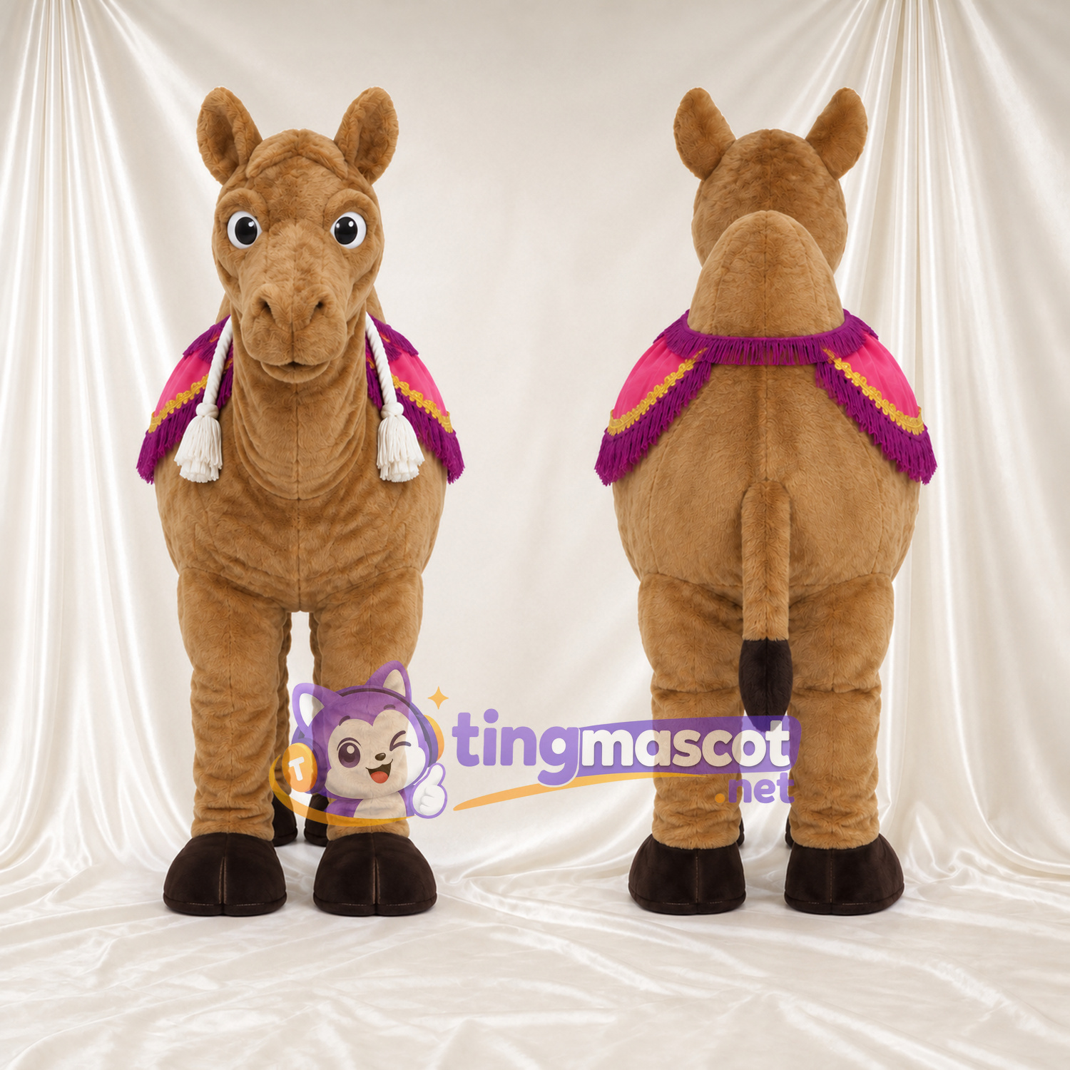 Brown Camel Mascot Costume - Pink and Purple Saddle Blanket Brown Camel Mascot Costume - Pink and Purple Saddle Blanket