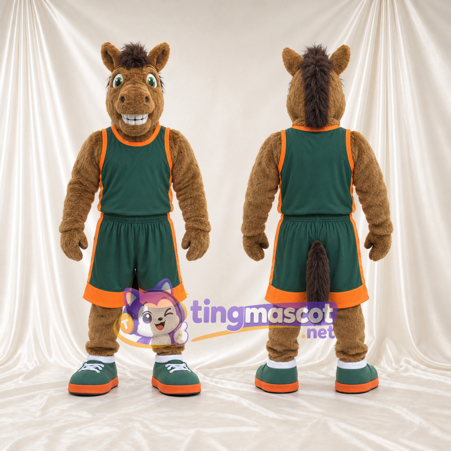 Maskottchenkostüm Kamel – braun – Basketballtrikot (grün); Besatz (orange) Maskottchenkostüm Kamel – braun – Basketballtrikot (grün); Besatz (orange)