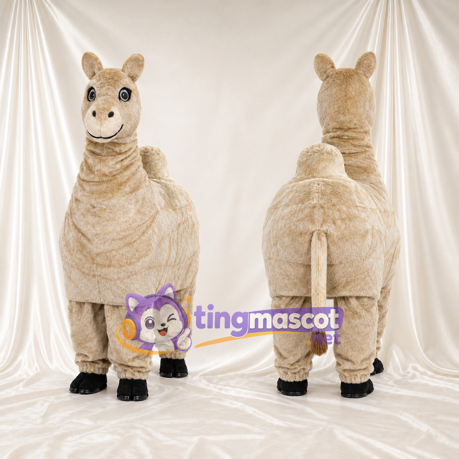 Beige Camel Mascot Costume - Long Neck and Four-Legged Body Beige Camel Mascot Costume - Long Neck and Four-Legged Body