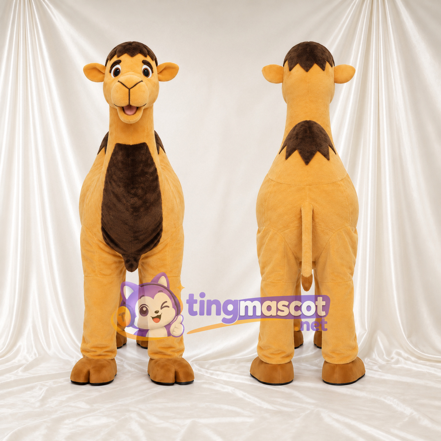 Costume de mascotte Chameau – doré – Ventre (marron foncé); Visage souriant Costume de mascotte Chameau – doré – Ventre (marron foncé); Visage souriant