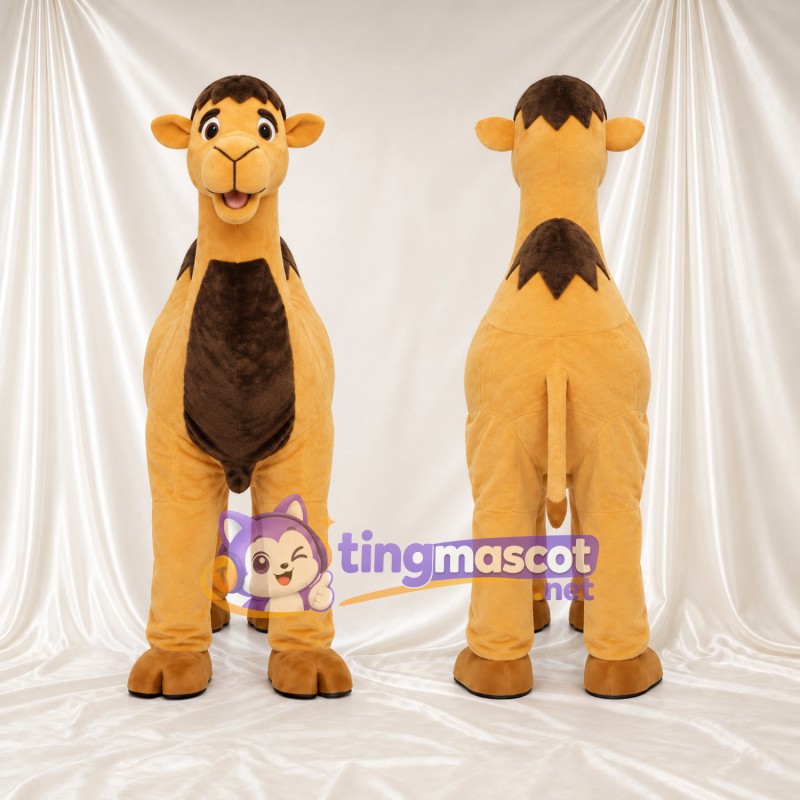 Costume de mascotte Chameau – doré – Ventre (marron foncé); Visage souriant